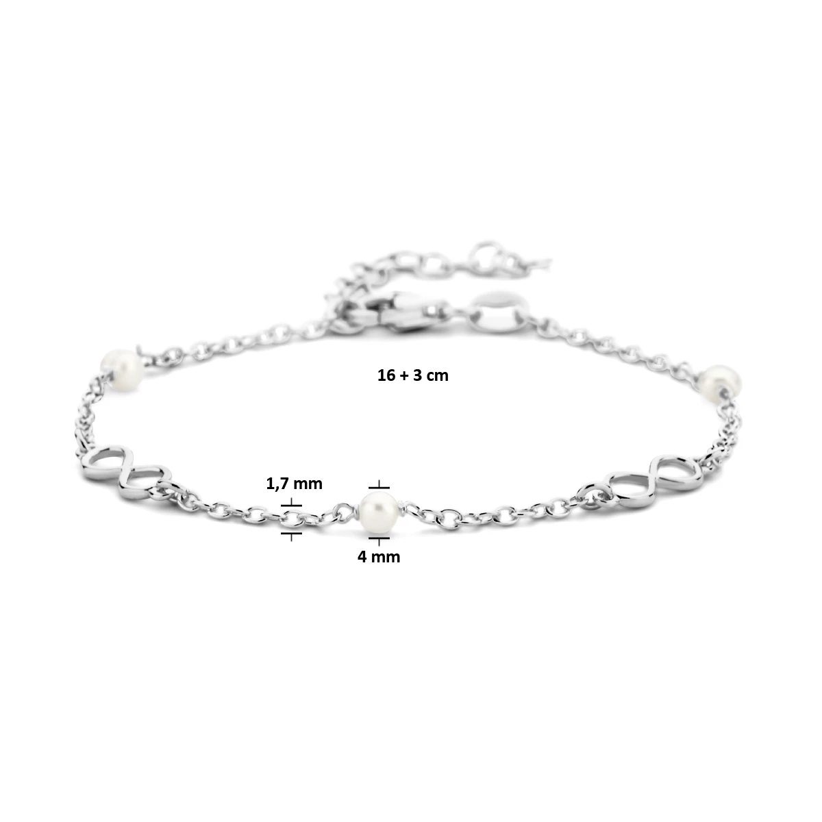 armband infinity en parels 16 + 3 cm 1 micron zilver gerhodineerd