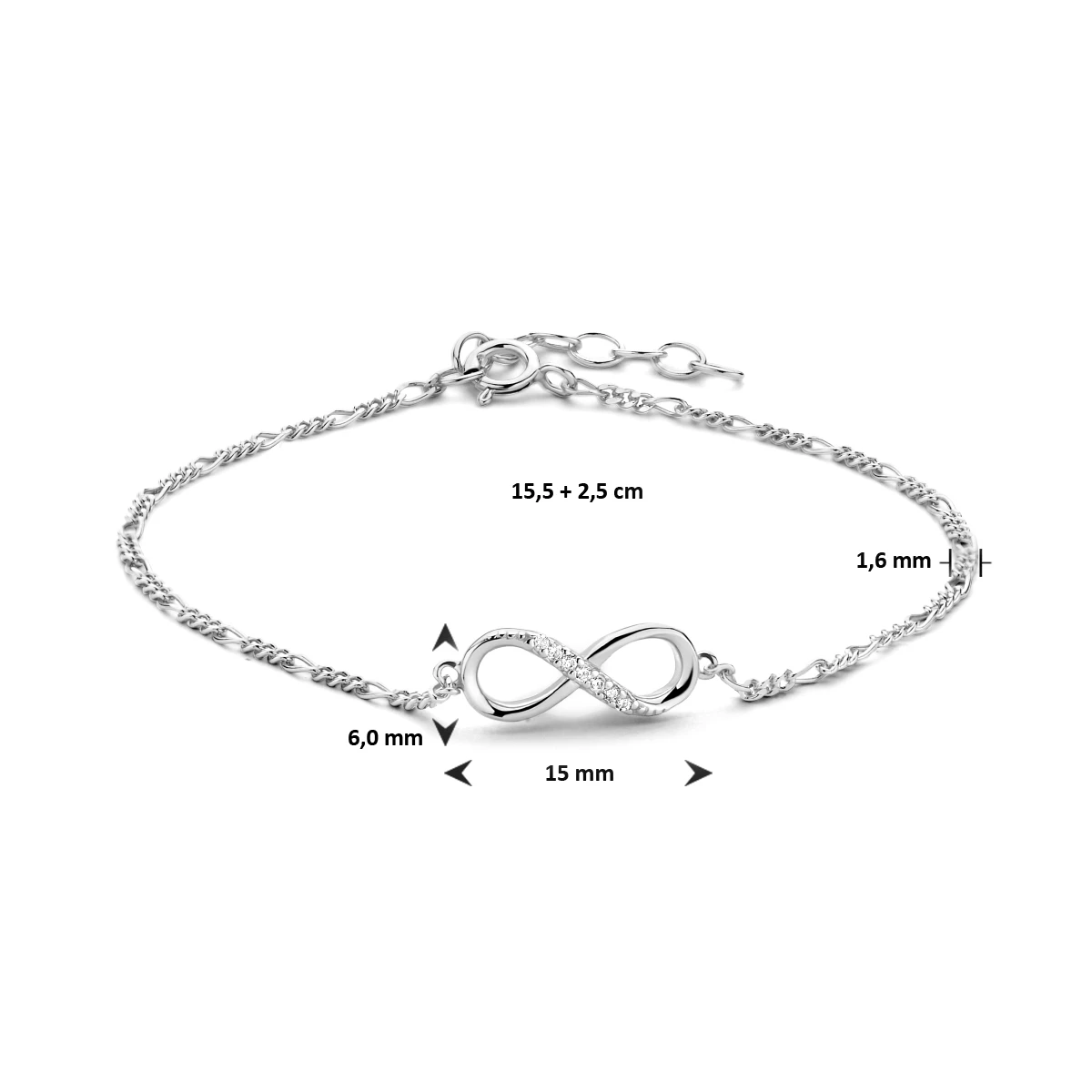 armband infinity zirkonia 15,5 + 2,5 cm zilver gerhodineerd