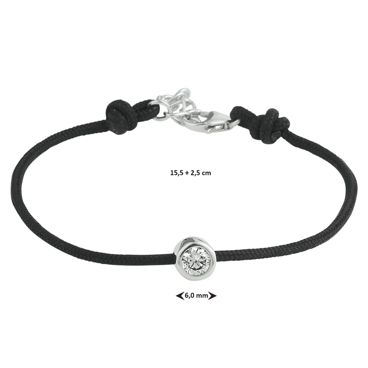armband katoen rondje zirkonia 15,5 + 2,5 cm zilver gerhodineerd met rubber/nylon/leer