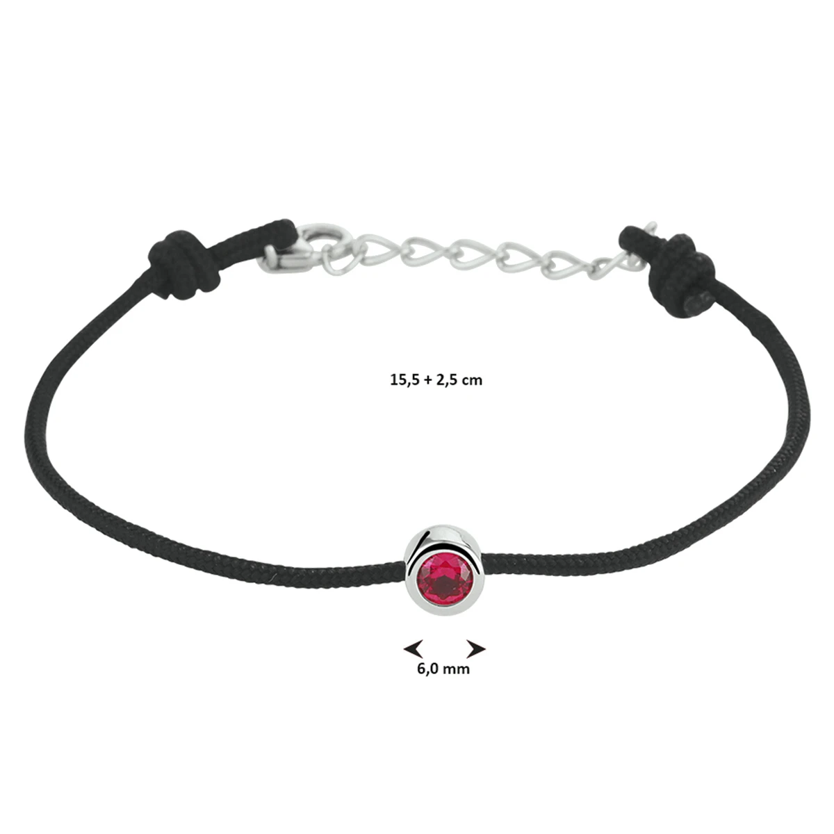 armband katoen synth. robijn 15,5 + 2,5 cm zilver gerhodineerd met rubber/nylon/leer