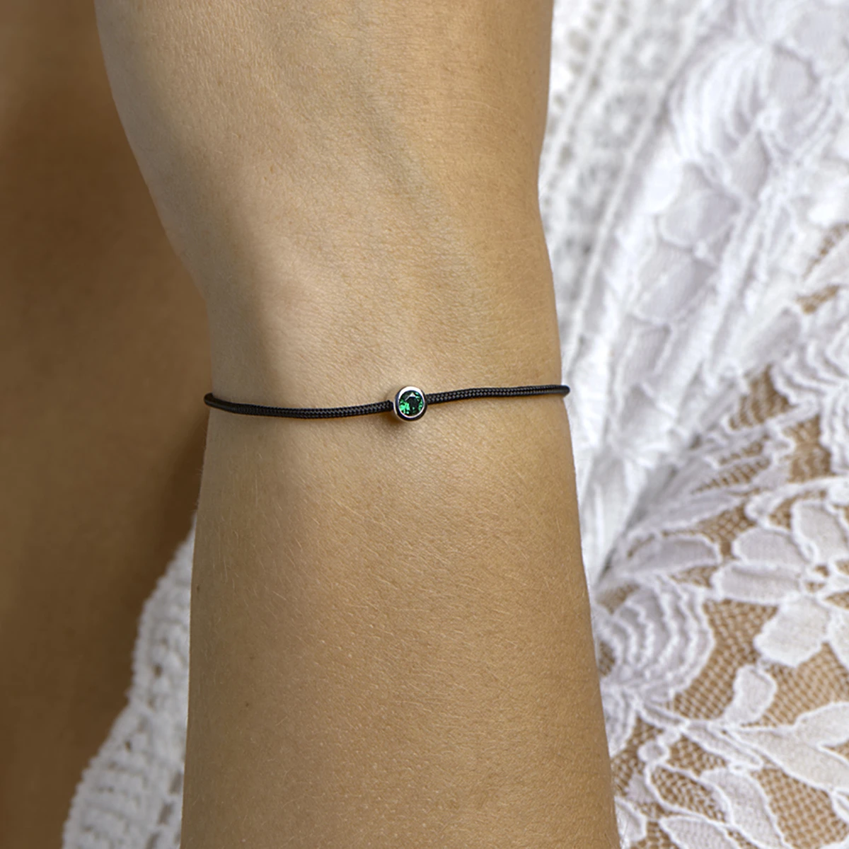 armband katoen synth. smaragd 15,5 + 2,5 cm zilver gerhodineerd met rubber/nylon/leer