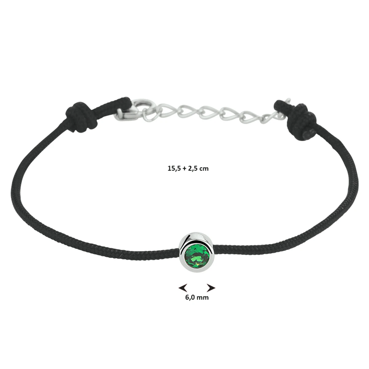 armband katoen synth. smaragd 15,5 + 2,5 cm zilver gerhodineerd met rubber/nylon/leer