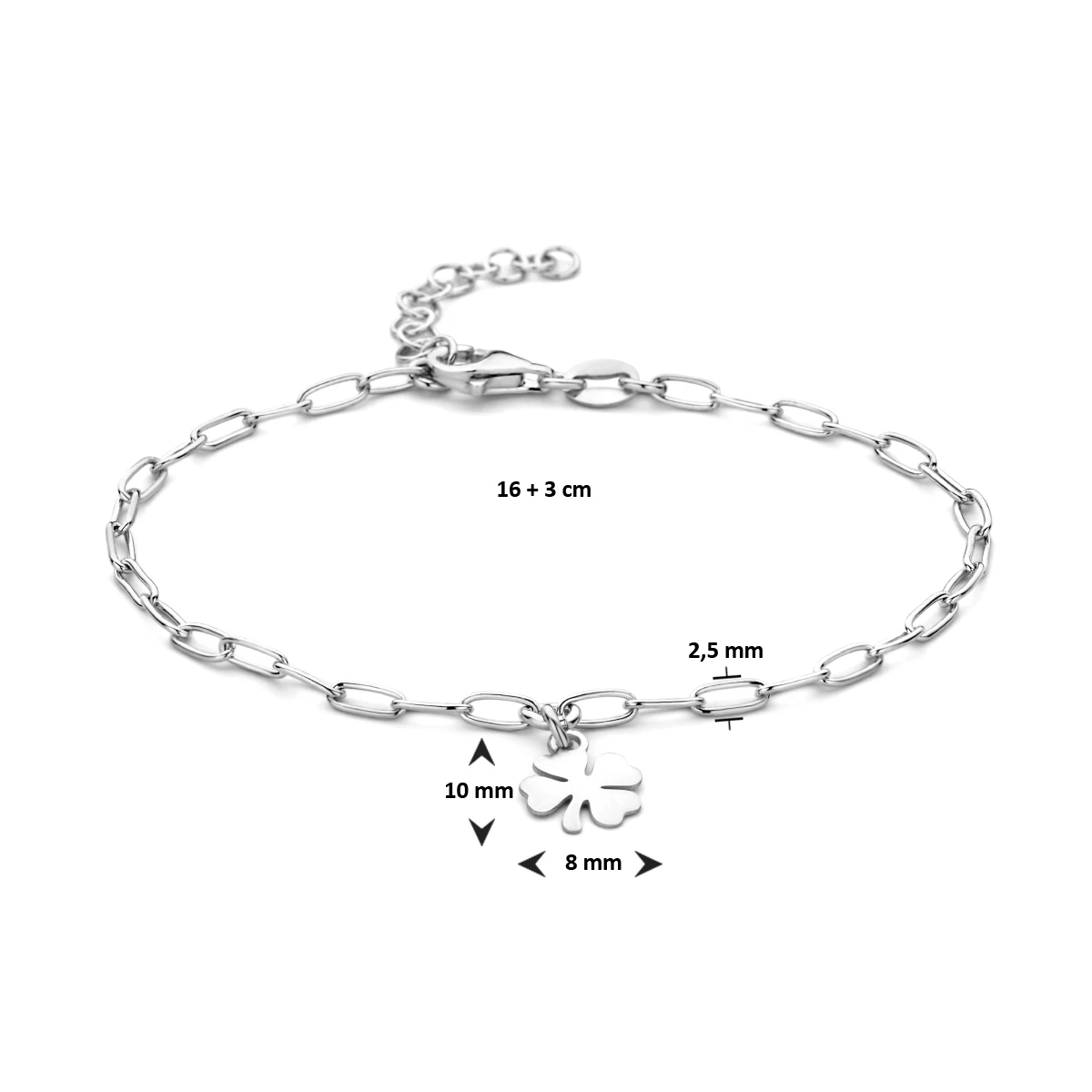 armband klaver 16 + 3 cm zilver gerhodineerd