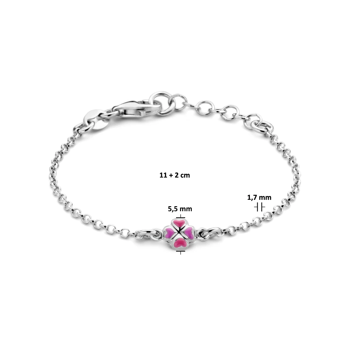 armband klavertje emaille 11 + 2 cm zilver gerhodineerd