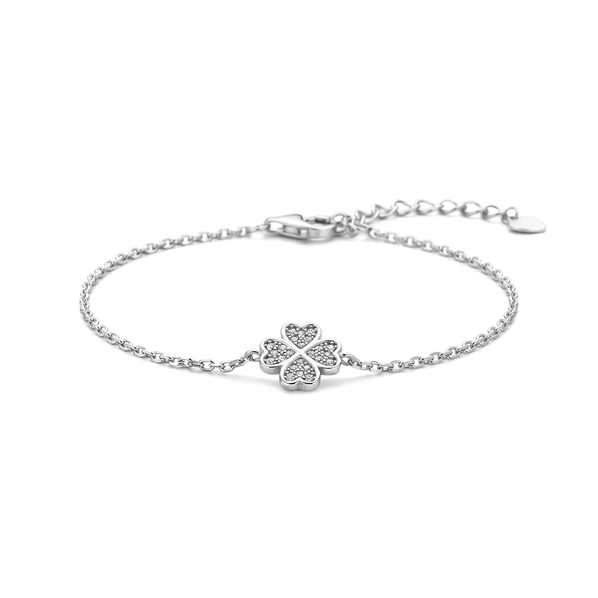 armband klavertje zirkonia 16 + 3 cm zilver gerhodineerd