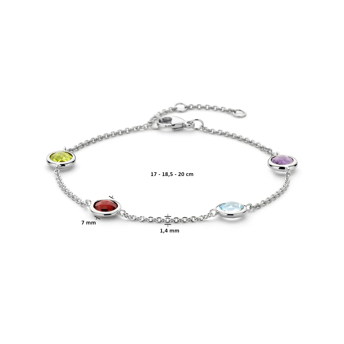 armband kleurstenen 17 - 18,5 - 20 cm zilver gerhodineerd