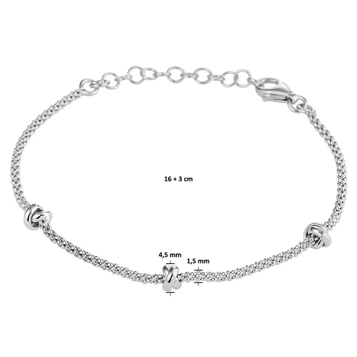 armband knopen 4,5 mm 16 + 3 cm zilver gerhodineerd