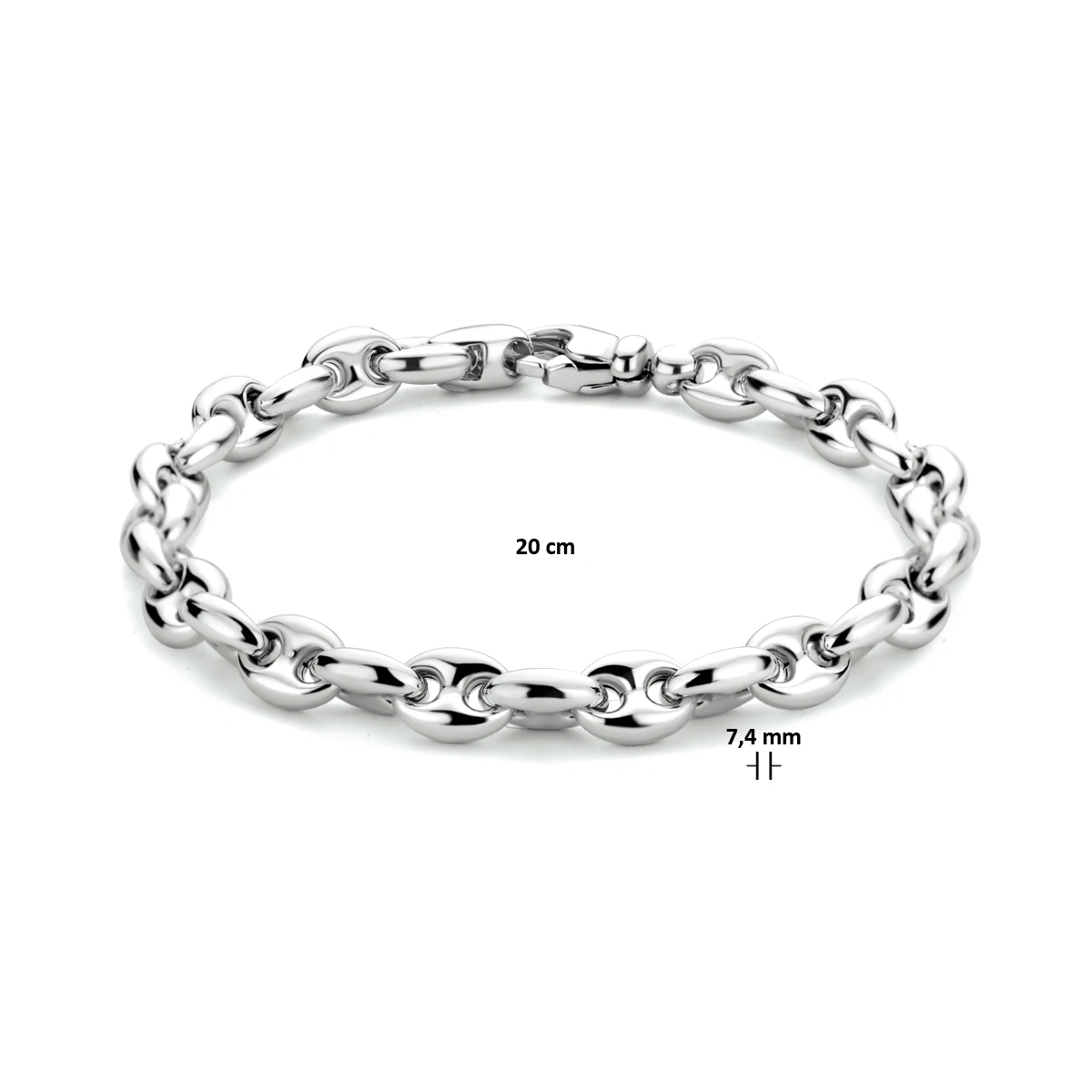 armband koffieboon 7,4 mm 20 cm zilver gerhodineerd