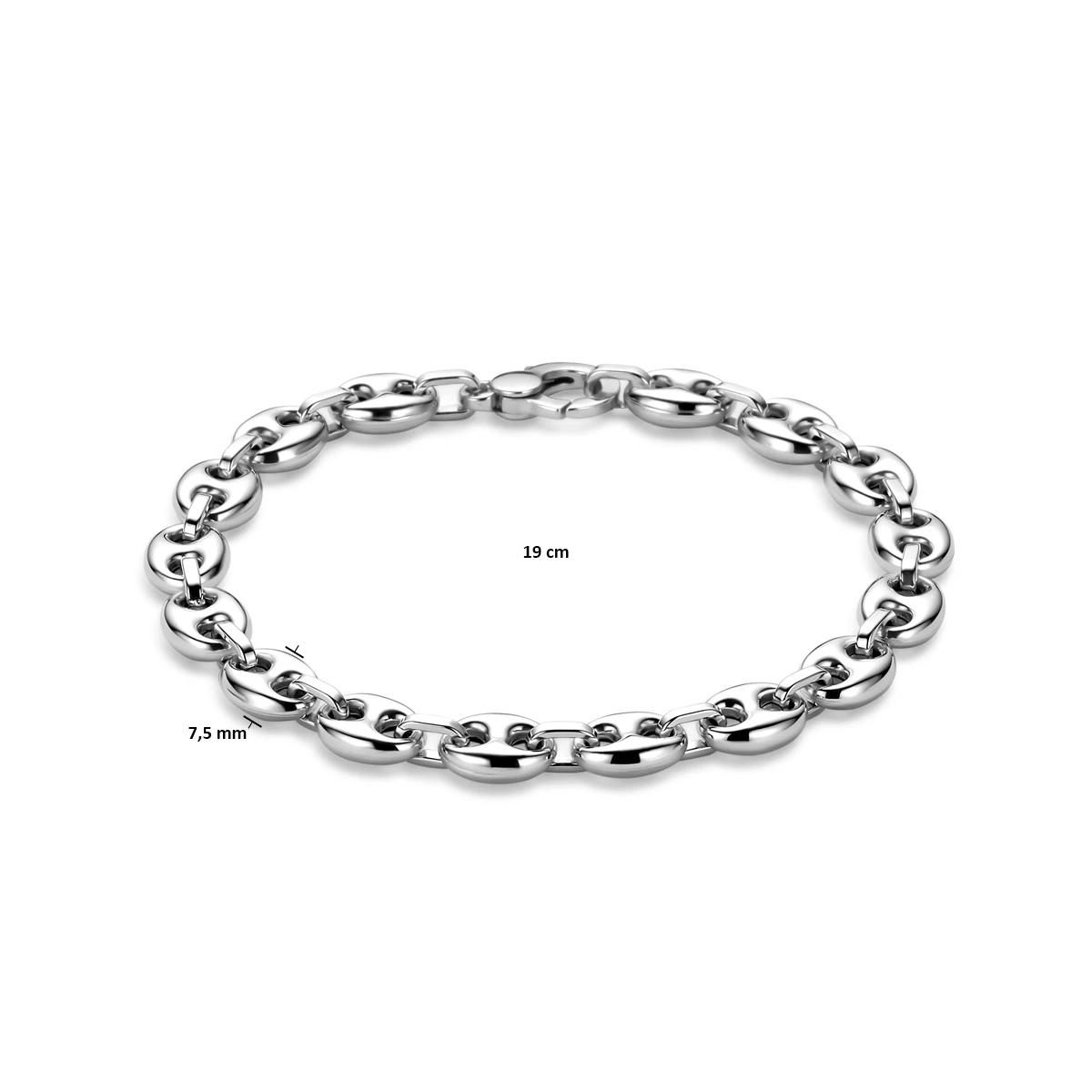 armband koffieboon 7,5 mm 19 cm zilver gerhodineerd