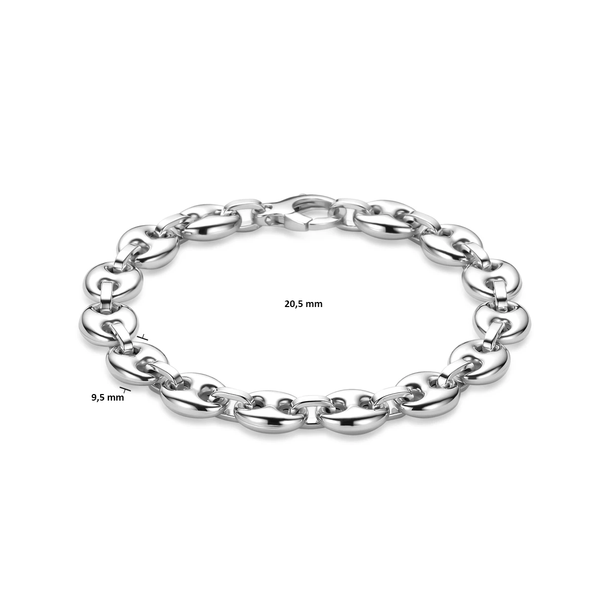armband koffieboon 9,5 mm 20,5 cm zilver gerhodineerd