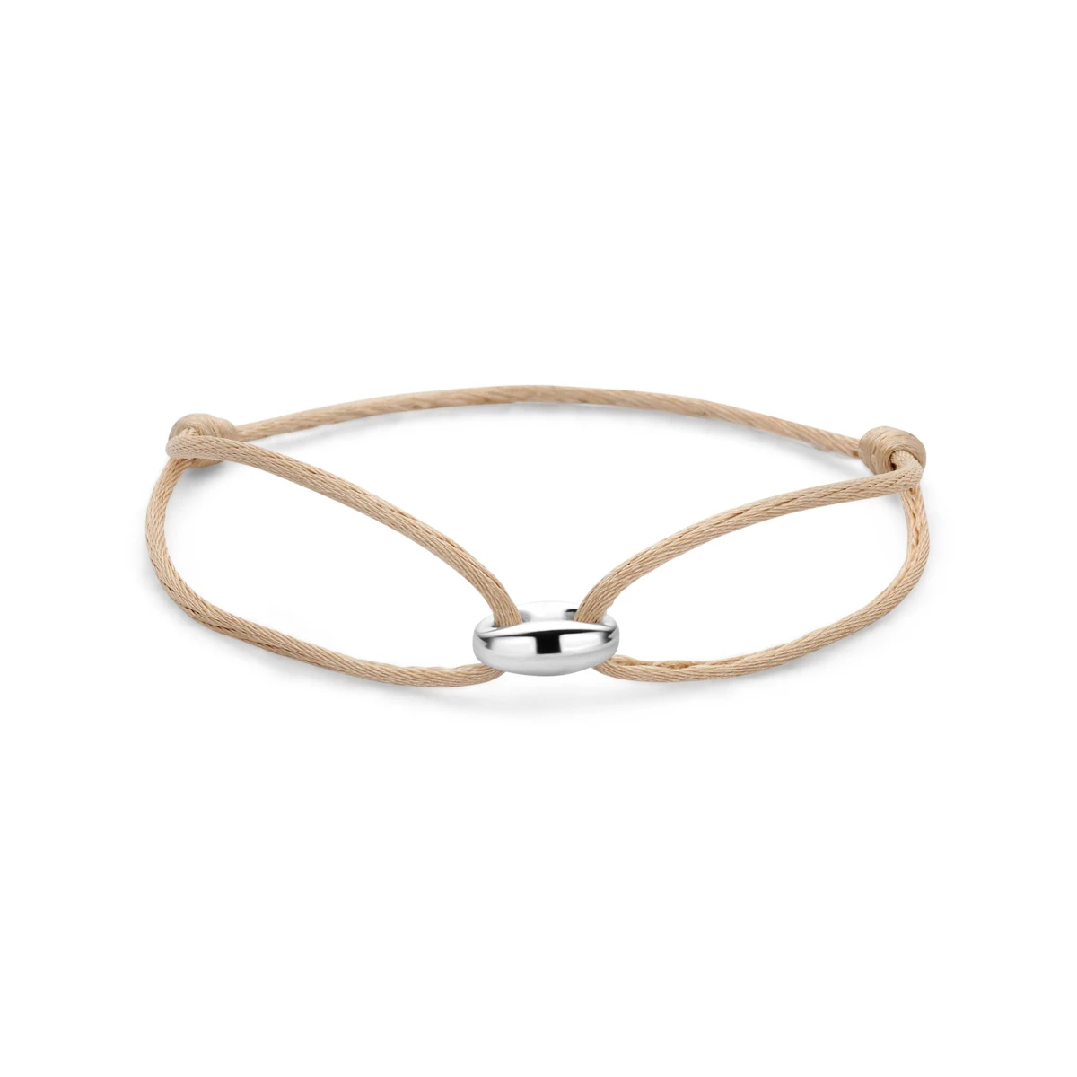 armband koffieboon beige satijn 13 - 26 cm zilver gerhodineerd met rubber/nylon/leer