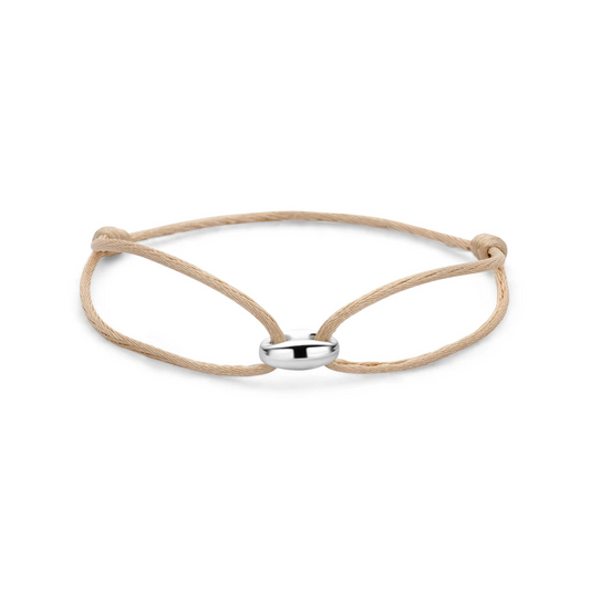 armband koffieboon beige satijn 13 - 26 cm zilver gerhodineerd met rubber/nylon/leer