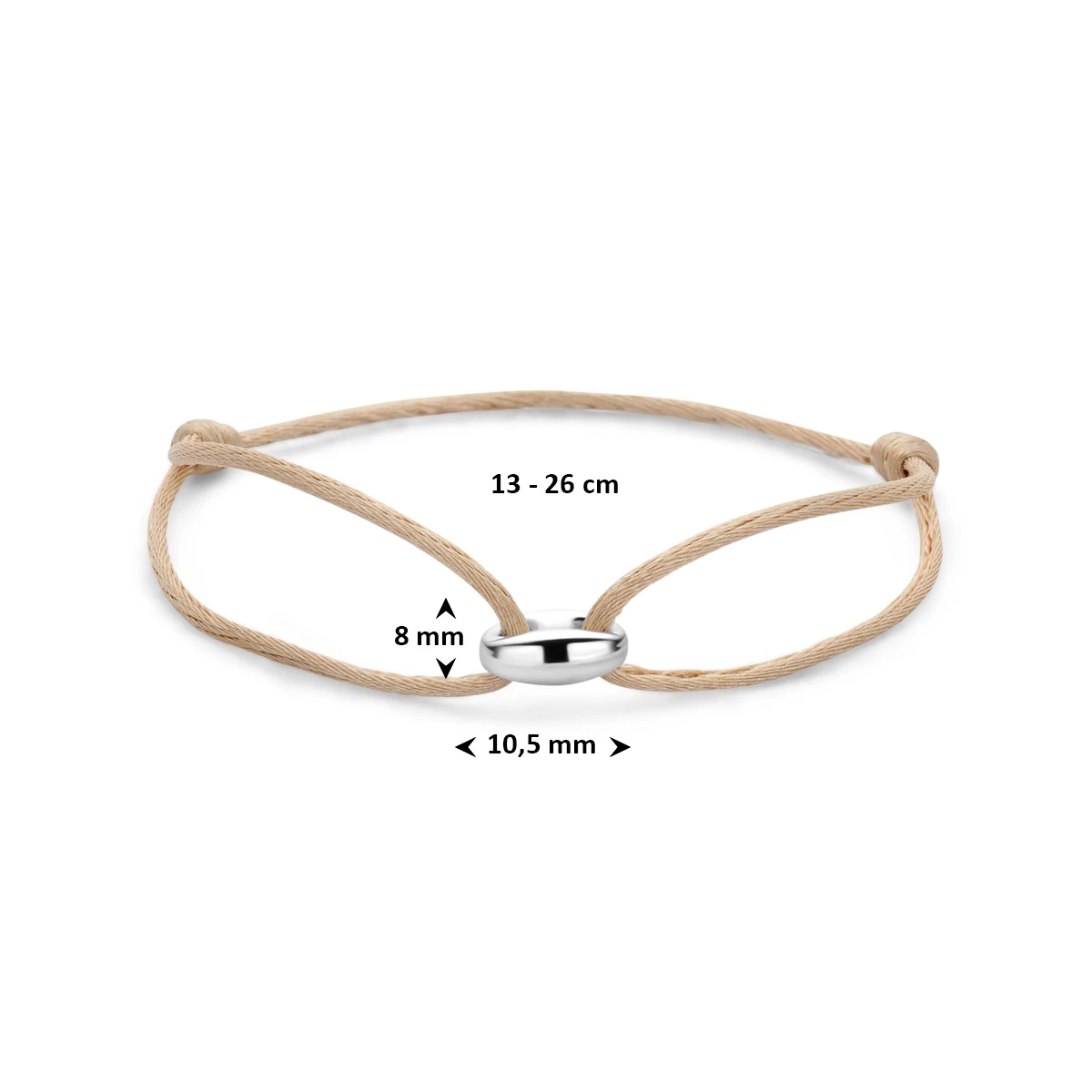 armband koffieboon beige satijn 13 - 26 cm zilver gerhodineerd met rubber/nylon/leer
