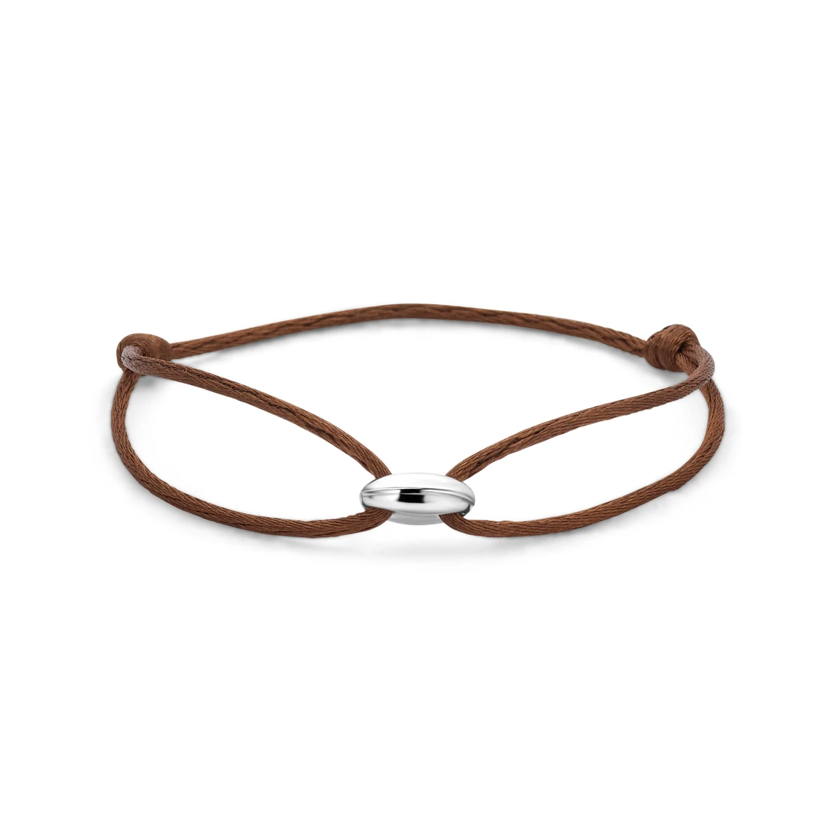 armband koffieboon satijn bruin 13 - 26 cm zilver gerhodineerd met rubber/nylon/leer