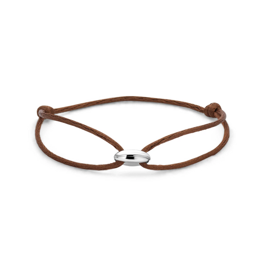 armband koffieboon satijn bruin 13 - 26 cm zilver gerhodineerd met rubber/nylon/leer