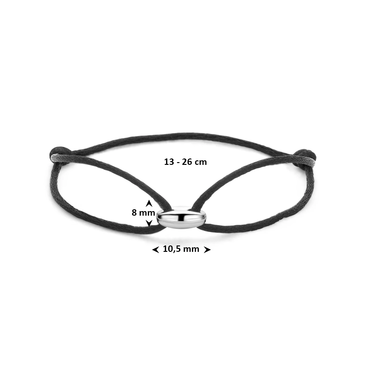 armband koffieboon zwart satijn 13 - 26 cm zilver gerhodineerd met rubber/nylon/leer
