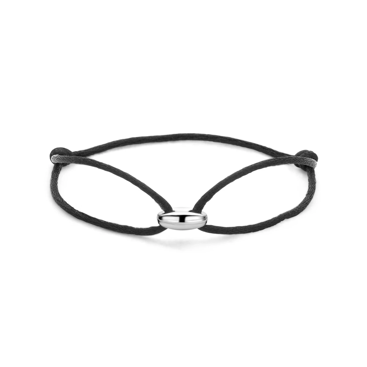 armband koffieboon zwart satijn 13 - 26 cm zilver gerhodineerd met rubber/nylon/leer