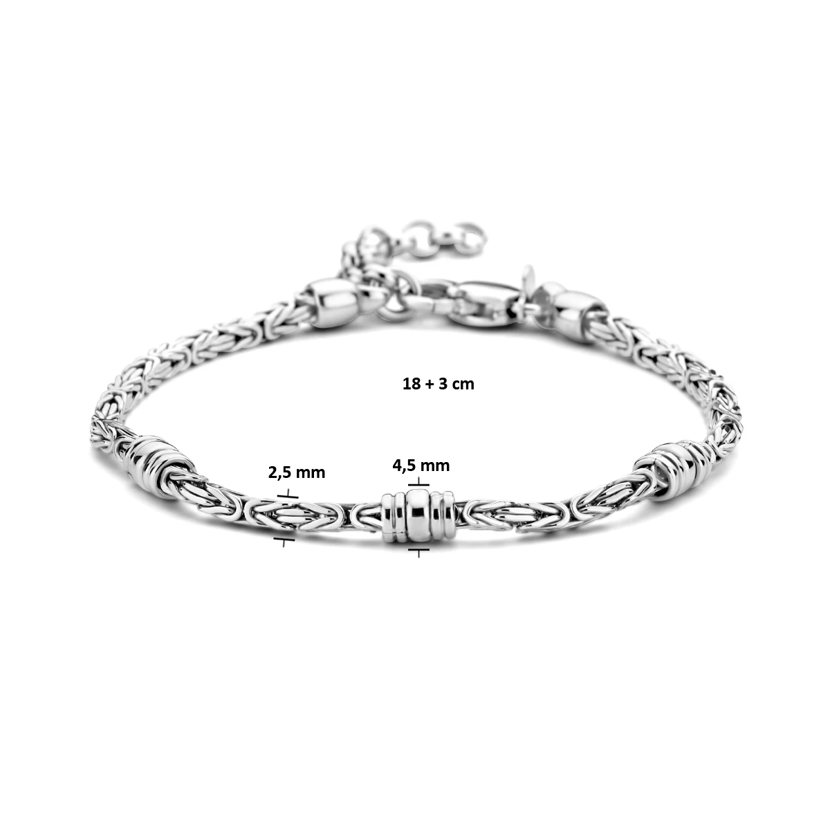 armband konings 2,5 mm en ringetjes 18 + 3 cm zilver gerhodineerd