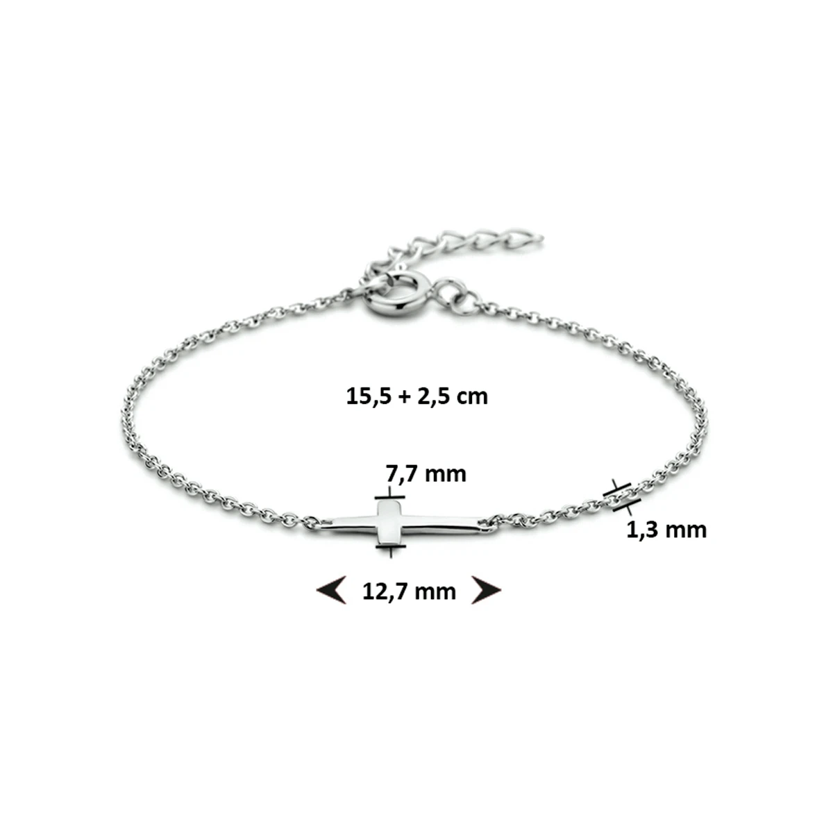 armband kruis 15,5 + 2,5 cm zilver gerhodineerd