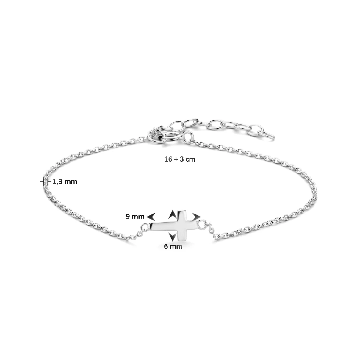 armband kruis 16 + 3 cm zilver gerhodineerd