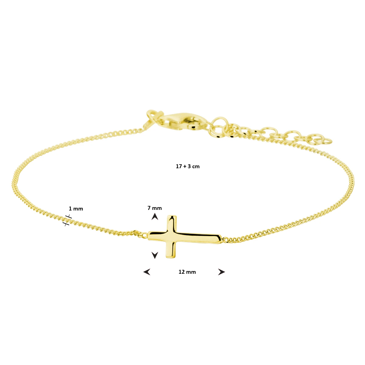 armband kruis 17 + 3 cm 3 micron zilver verguld (geel)