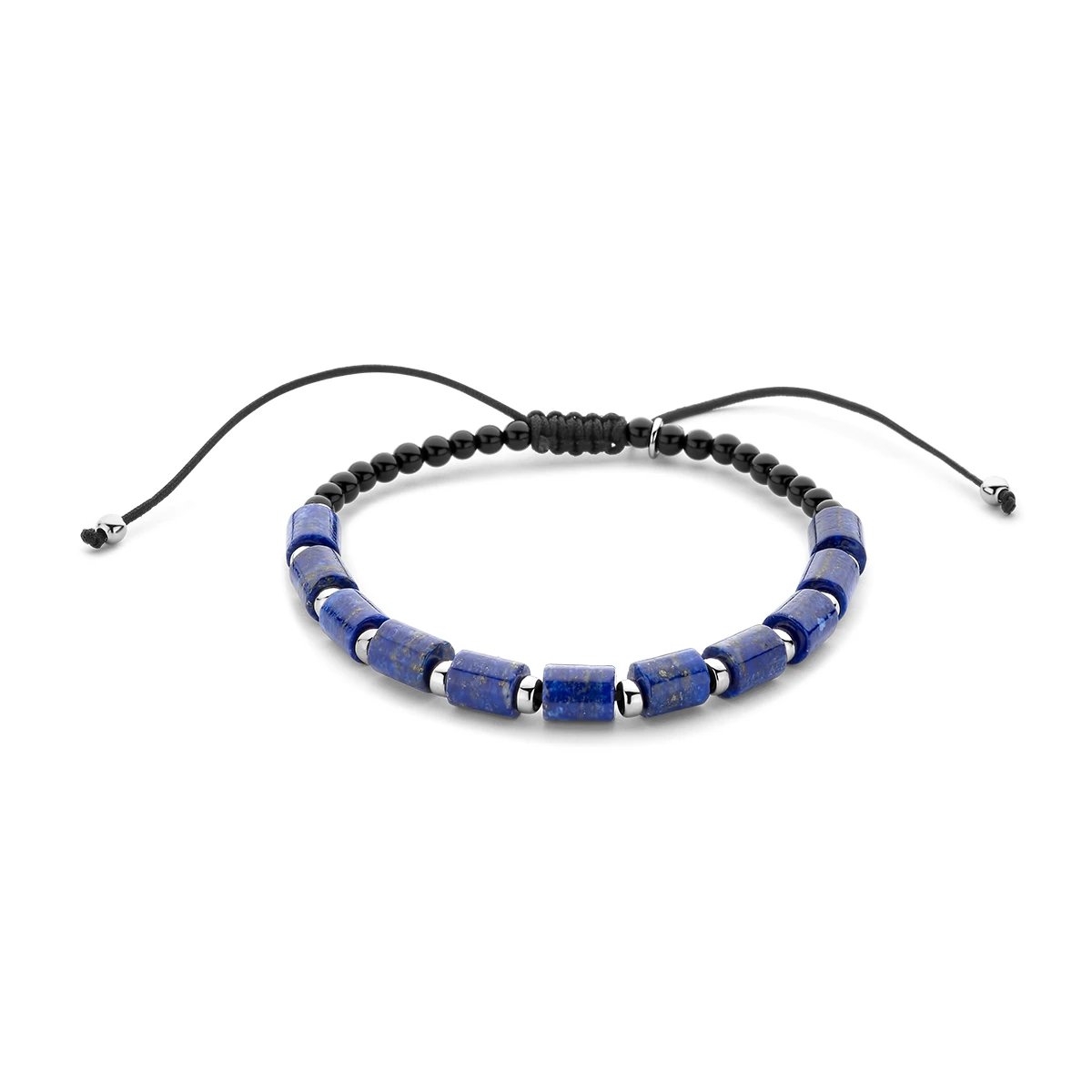armband lapis en onyx 19 - 30 cm zilver gerhodineerd met rubber/nylon/leer