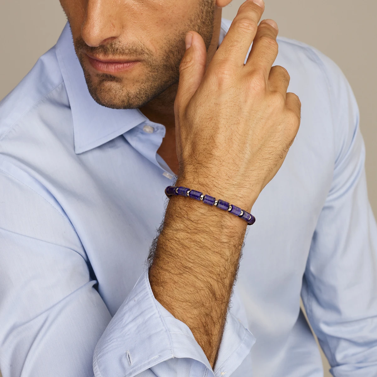 armband lapis en onyx 19 - 30 cm zilver gerhodineerd met rubber/nylon/leer