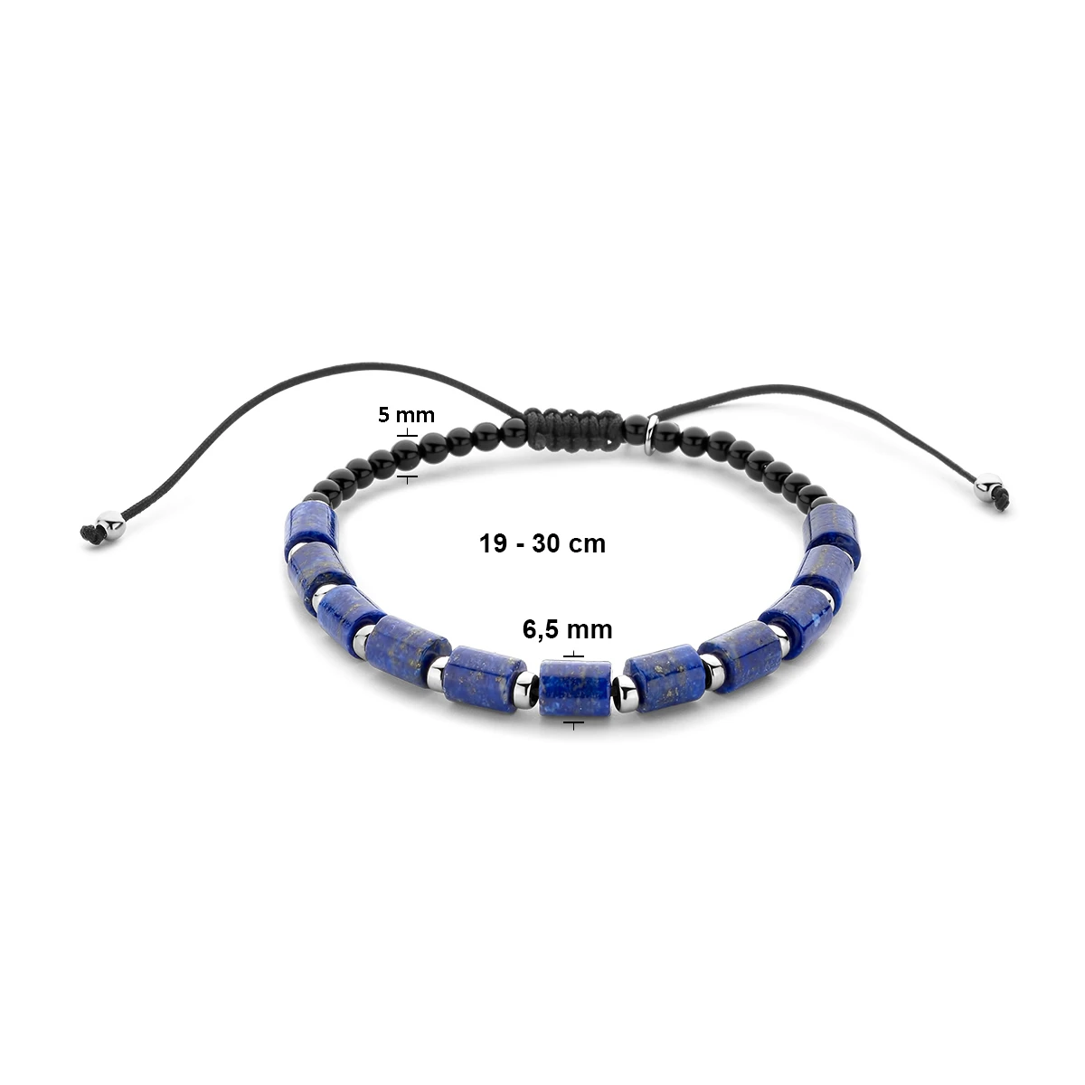 armband lapis en onyx 19 - 30 cm zilver gerhodineerd met rubber/nylon/leer