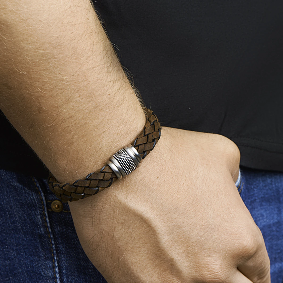 armband leer donkerbruin edelstaal