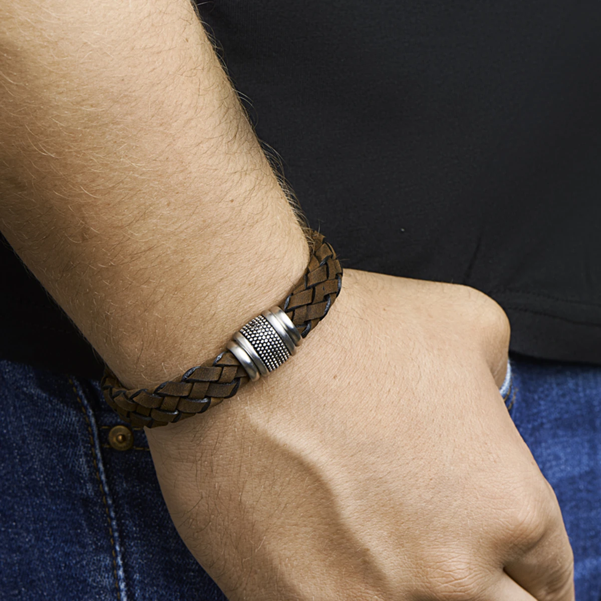 armband leer donkerbruin edelstaal