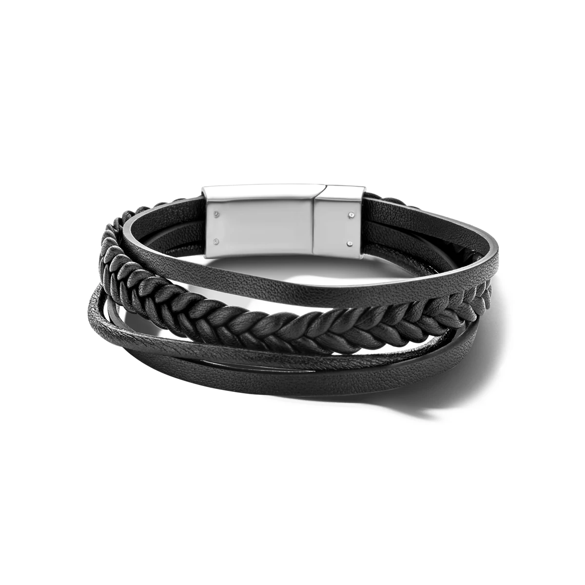 armband leer zwart 12 mm edelstaal
