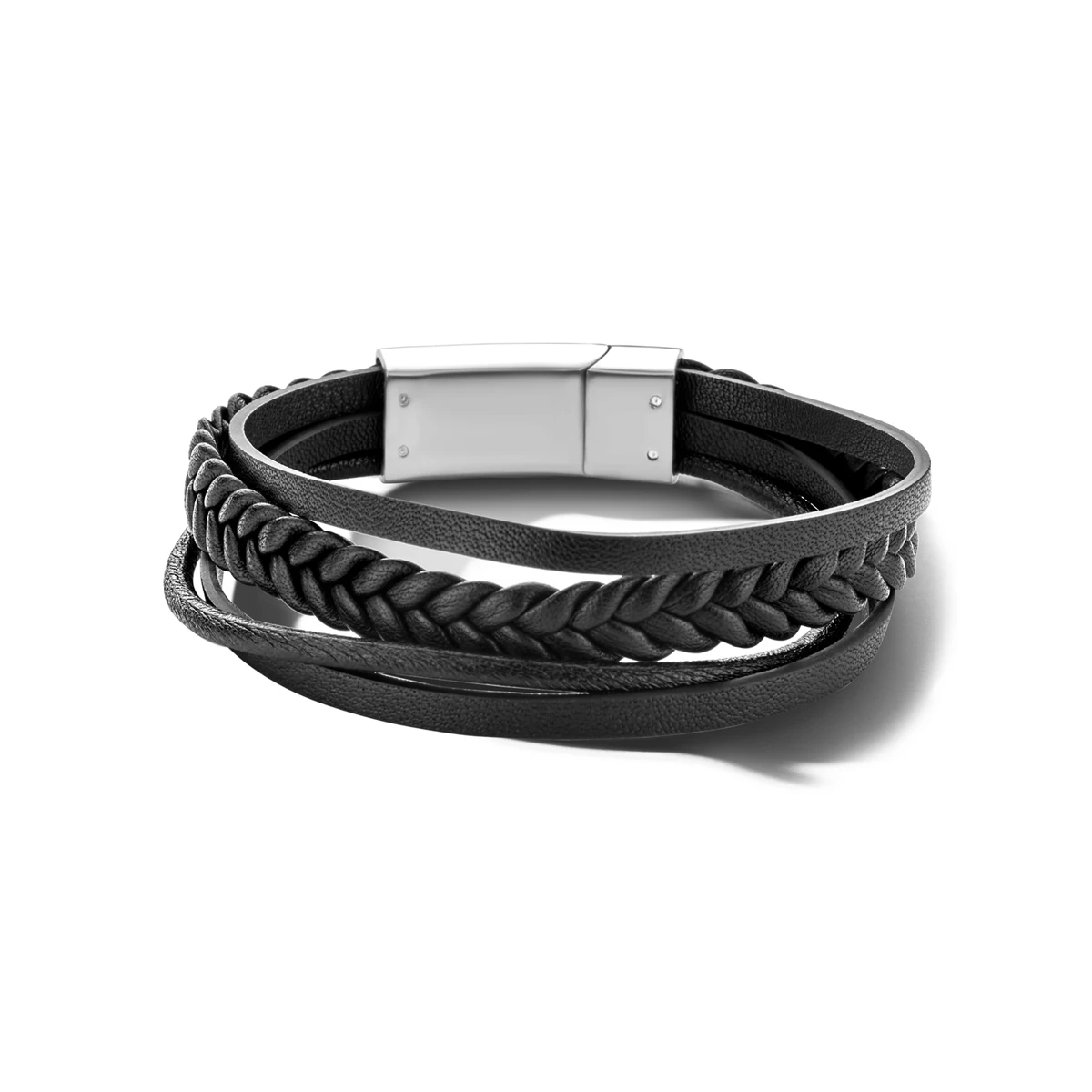 armband leer zwart 12 mm edelstaal
