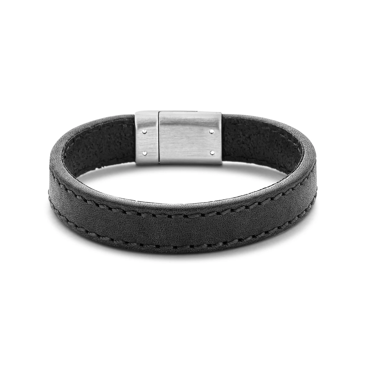 armband leer zwart 12,5 mm edelstaal