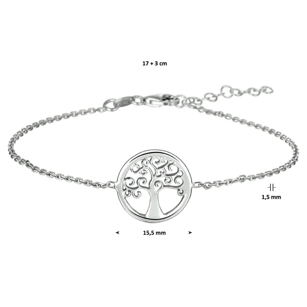 armband levensboom 17 + 3 cm zilver gerhodineerd