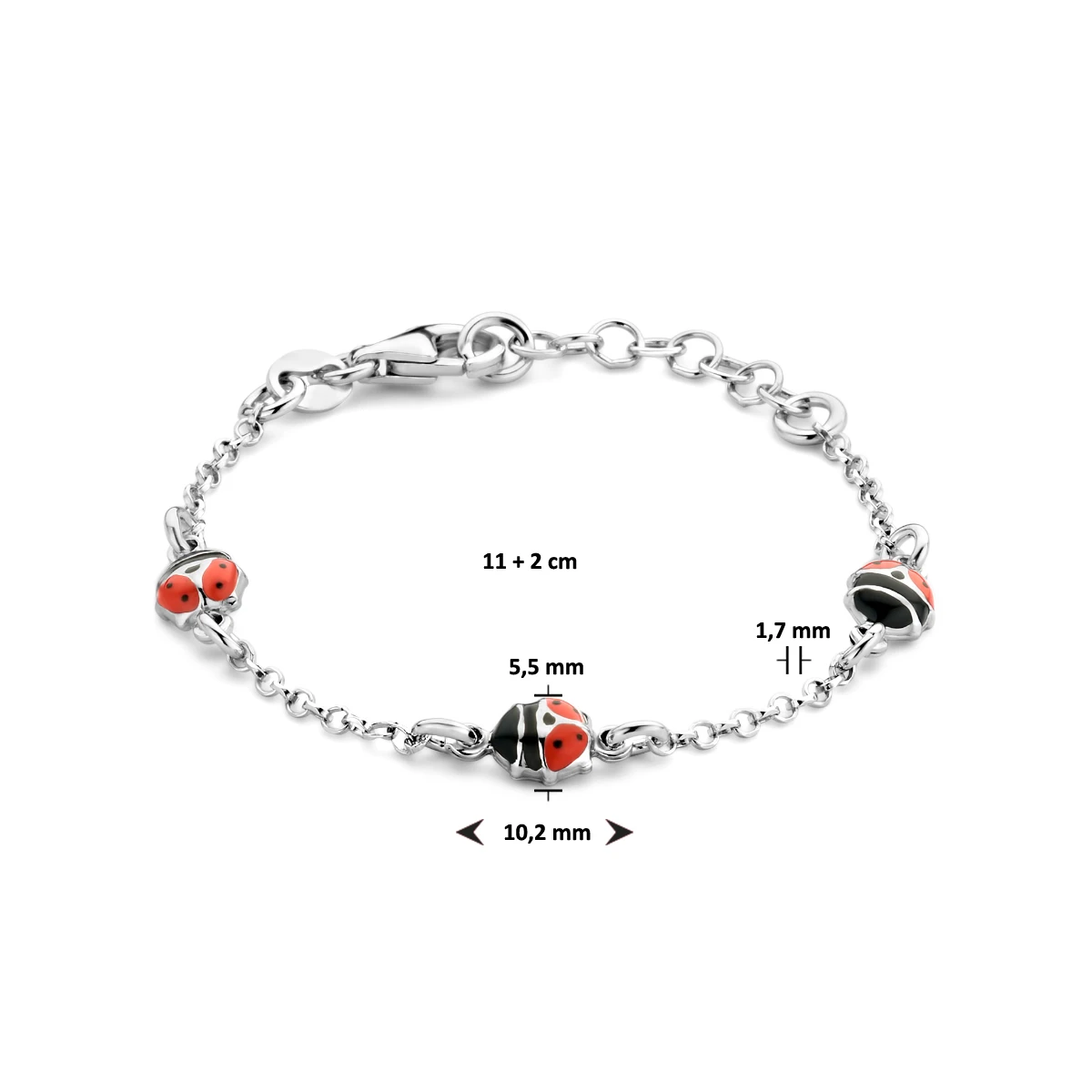 armband lieveheersbeestje emaille 11 + 2 cm zilver gerhodineerd