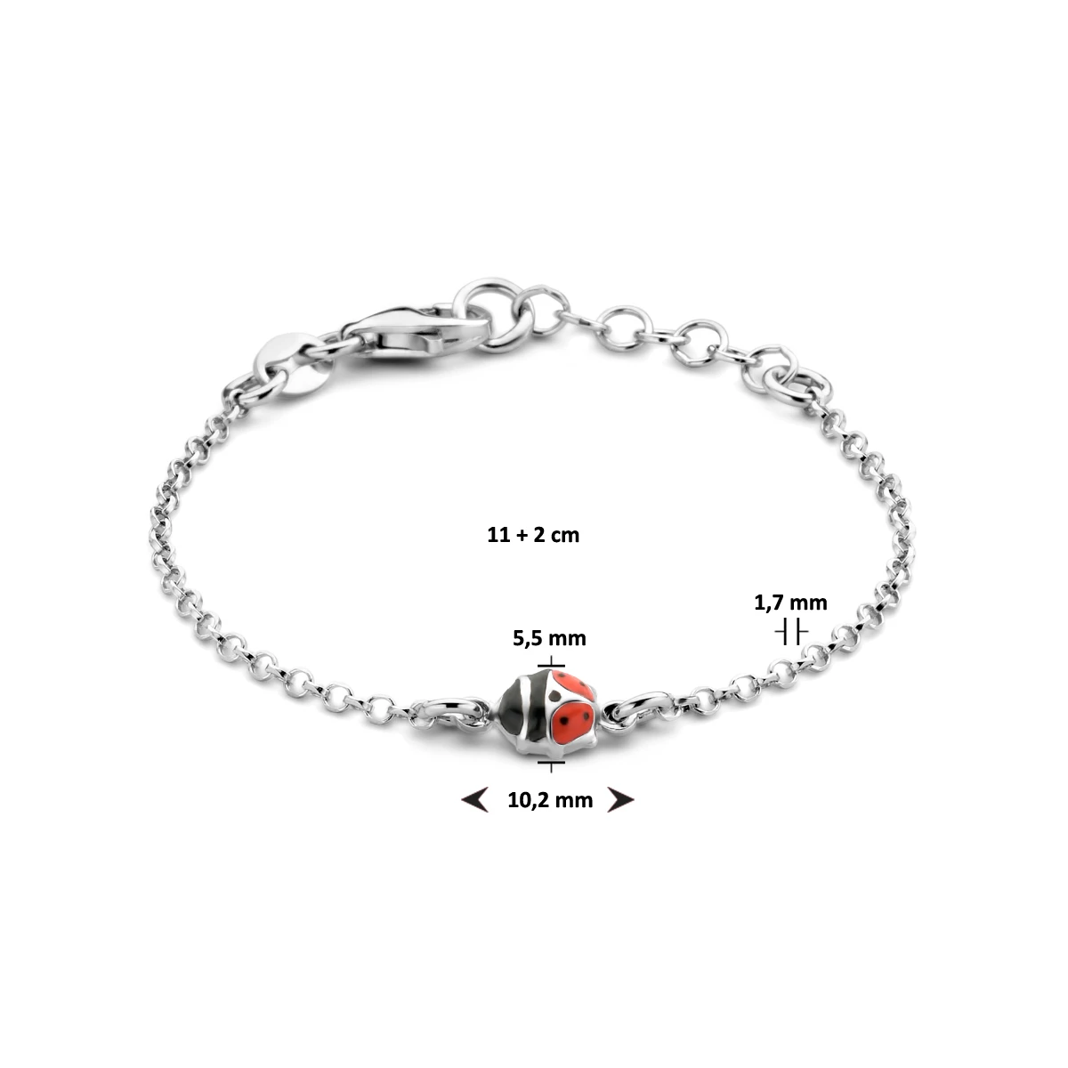 armband lieveheersbeestje emaille 11 + 2 cm zilver gerhodineerd