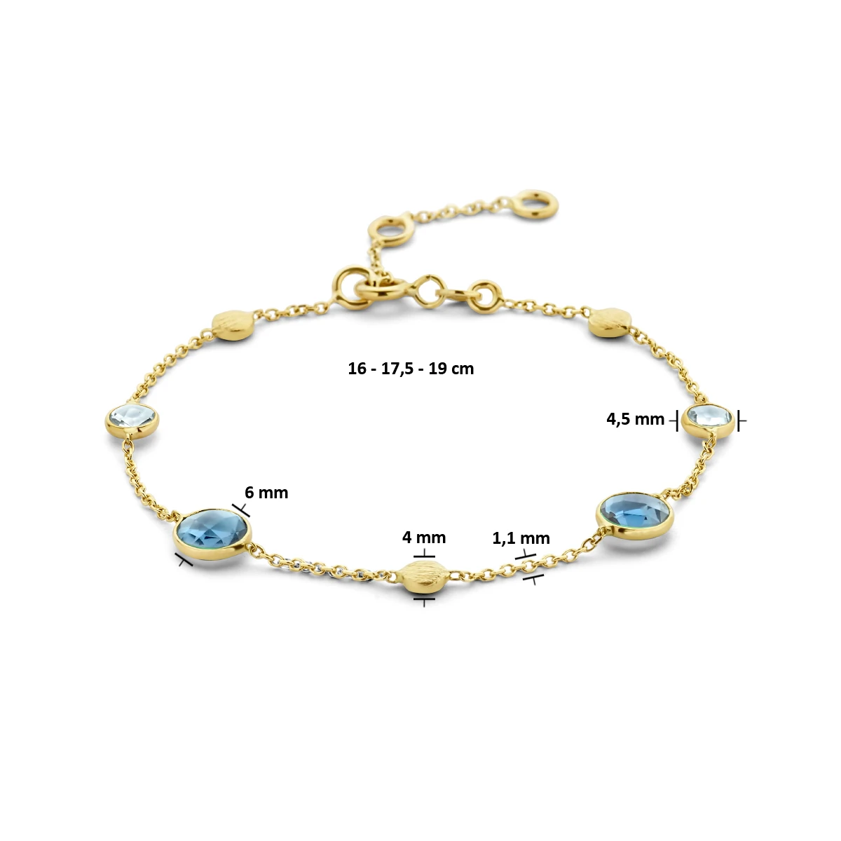armband london blue en blauw topaas en rondjes 16 - 17,5 - 19 cm 14K geelgoud