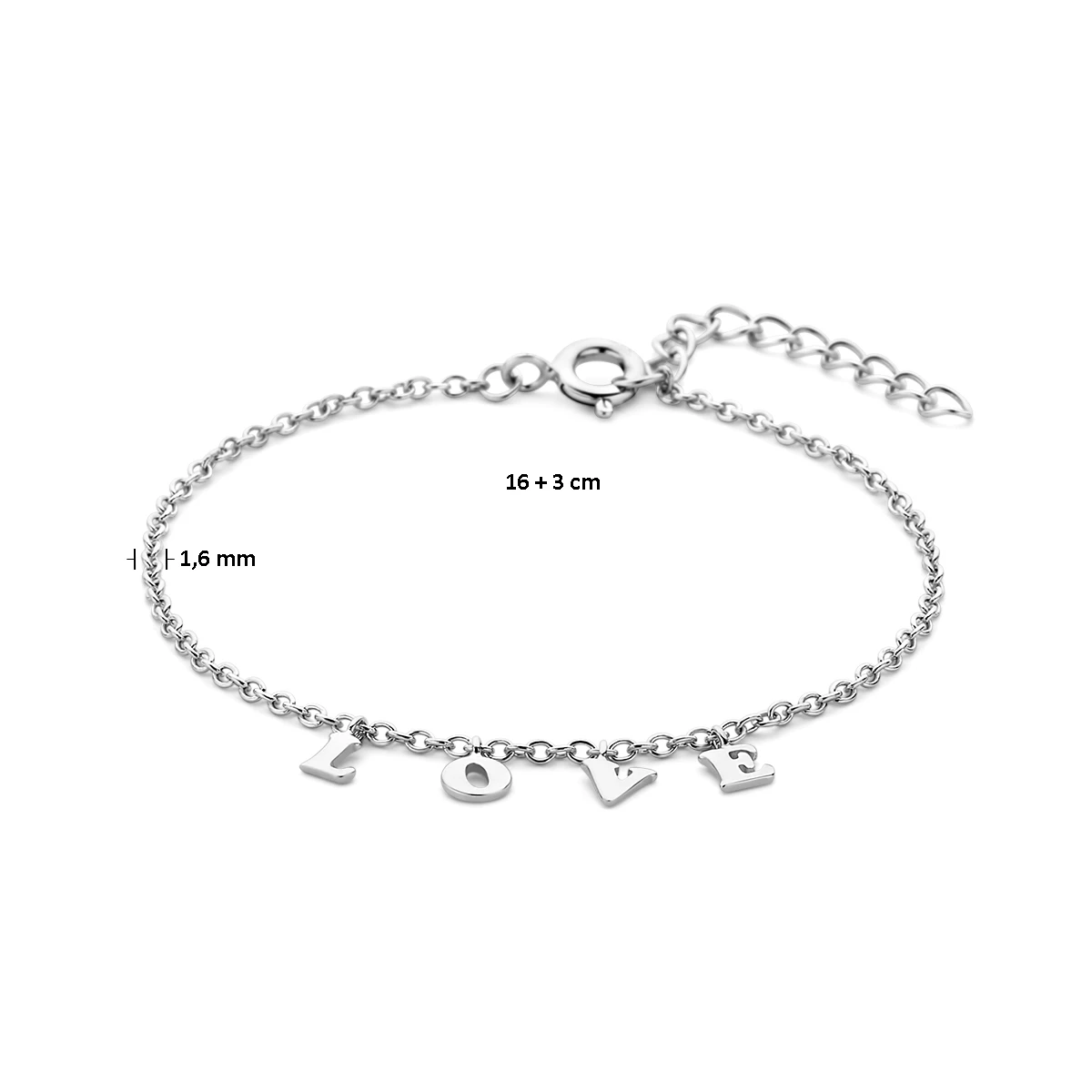 armband love 16 + 3 cm zilver gerhodineerd