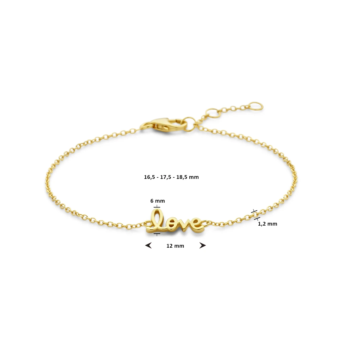 armband love 16,5 - 17,5 - 18,5 cm 3 micron zilver verguld (geel)