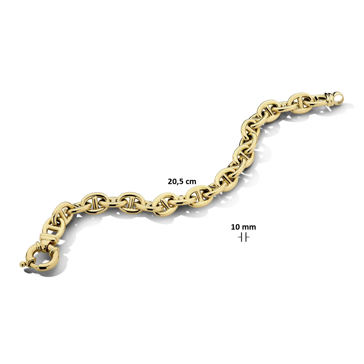 armband marine 10 mm 20,5 cm met groot springslot 14K geelgoud