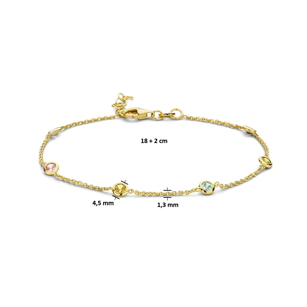 armband meerdere kleuren zirkonia 18 + 2 cm 3 micron zilver verguld (geel)