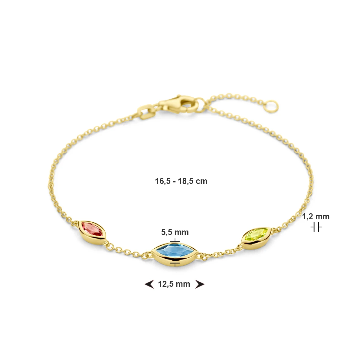 armband natuurlijke kleurstenen 16,5 - 18,5 cm 14K geelgoud