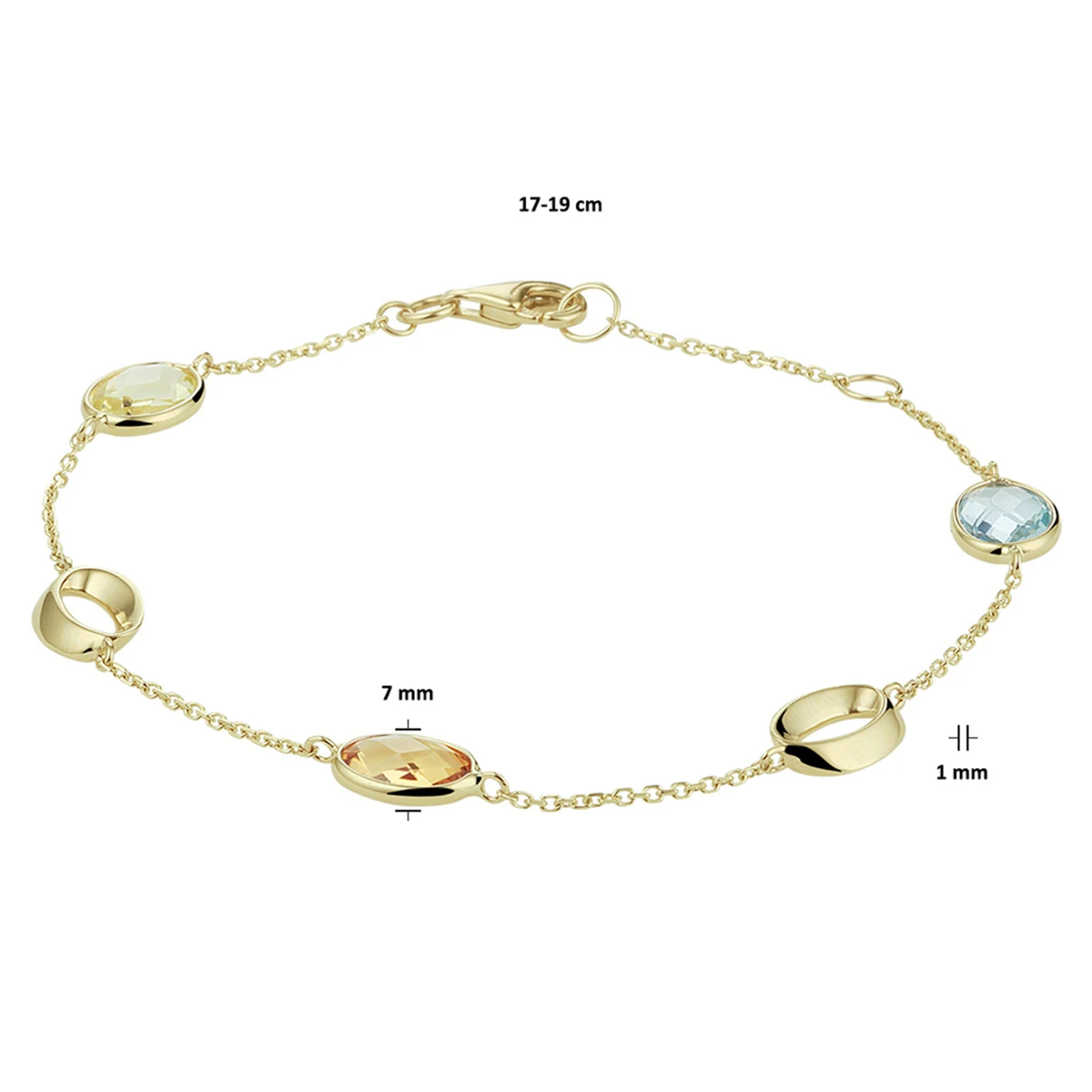armband natuurlijke kleurstenen 17 - 19 cm 14K geelgoud