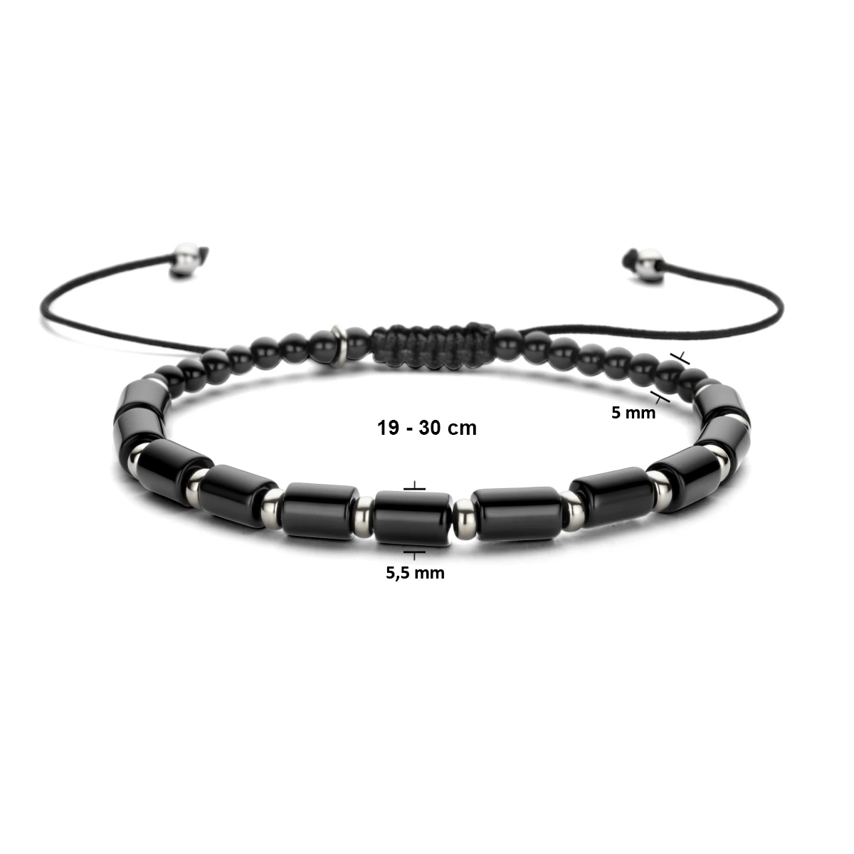 armband onyx 19 - 30 cm zilver gerhodineerd met rubber/nylon/leer