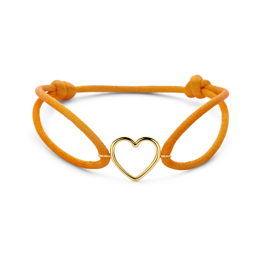 armband oranje satijn hartje 13 - 26 cm 14K goud met rubber/nylon/leer