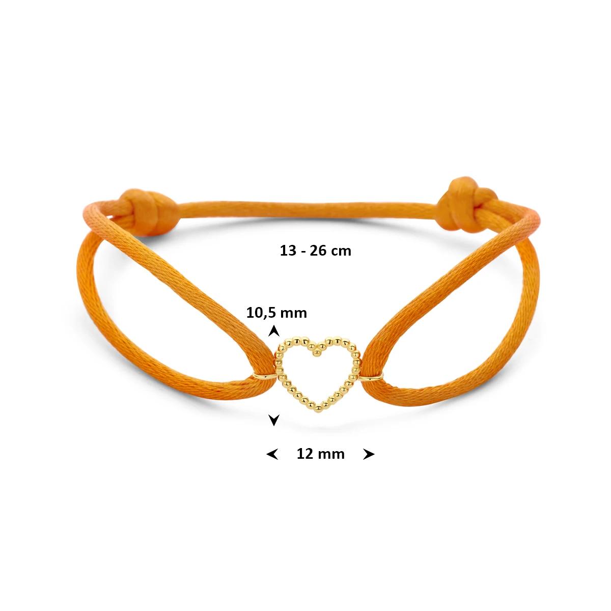 armband oranje satijn hartje 13 - 26 cm 14K goud met rubber/nylon/leer