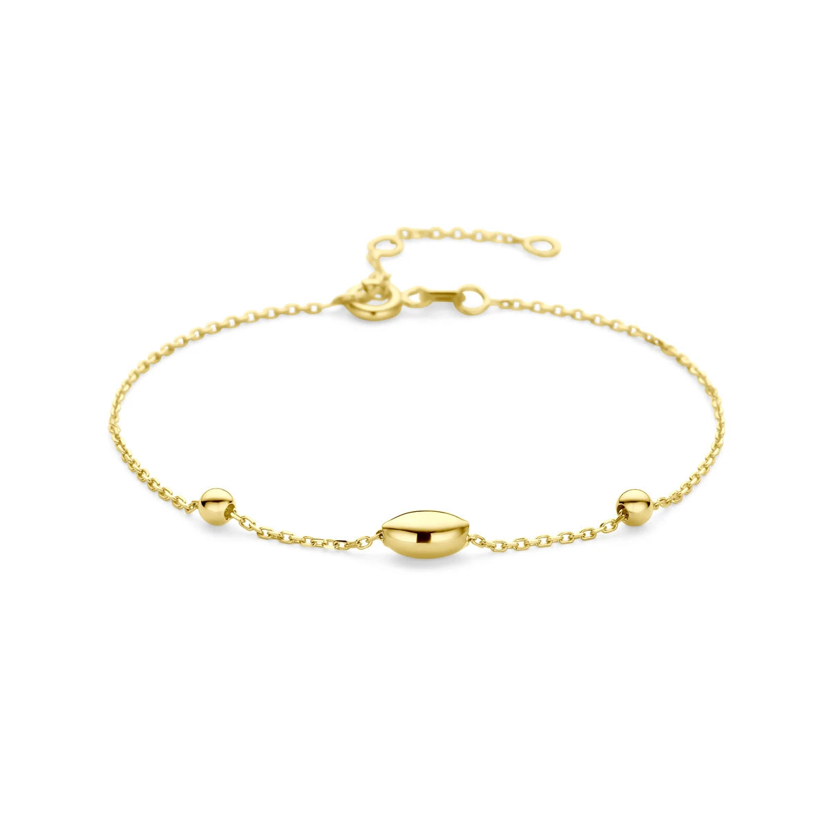 armband ovaaltje en bolletjes 16 - 17,5 - 19 cm 14K geelgoud