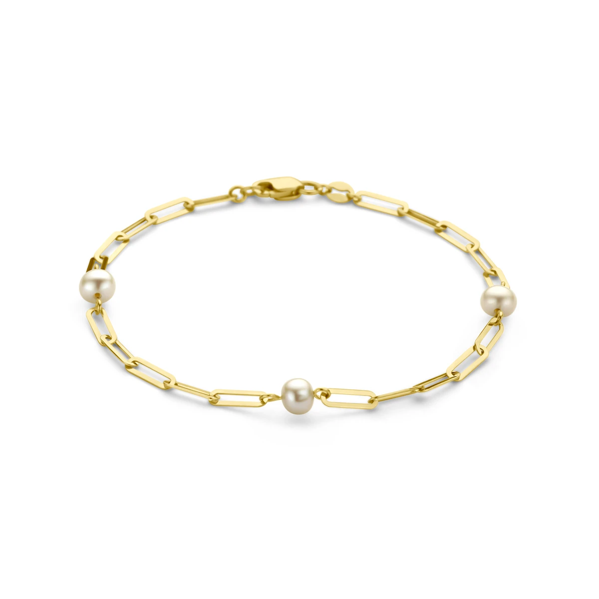 armband paperclip 2,7 mm en parels 18,5 cm 14K geelgoud