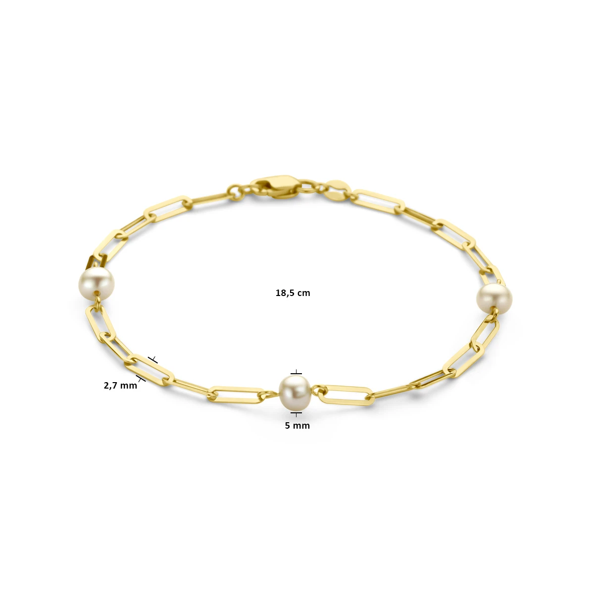 armband paperclip 2,7 mm en parels 18,5 cm 14K geelgoud