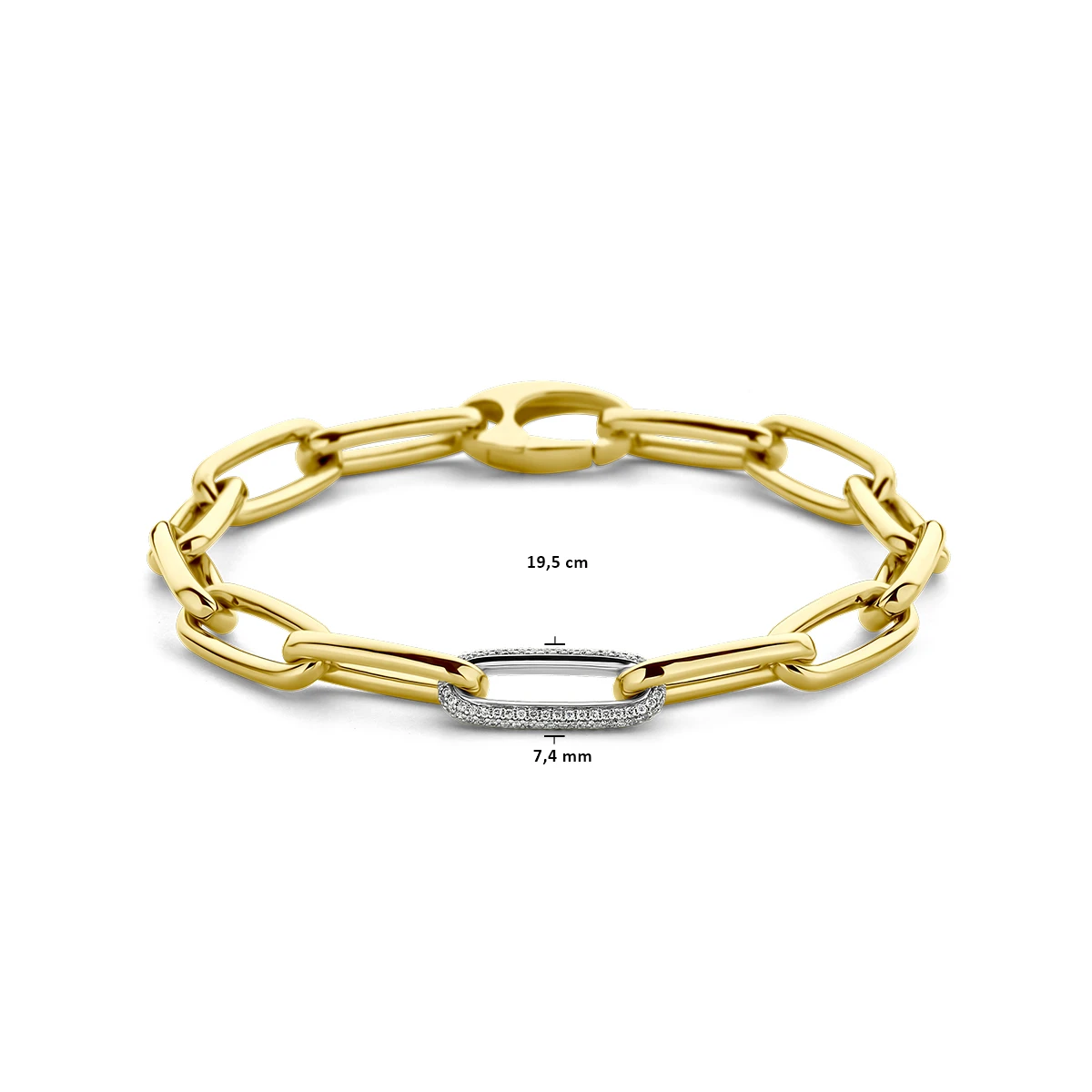 armband paperclip diamant 0.34ct g vsi half ronde buis 7,4 mm 19,5 cm 18K bicolor goud geel/wit